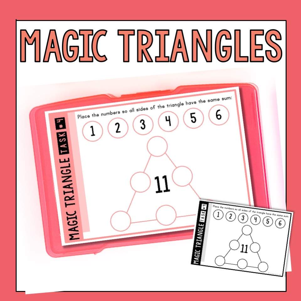 Card with number puzzle in a triangle shape. "Magic Triangles" is written on top.