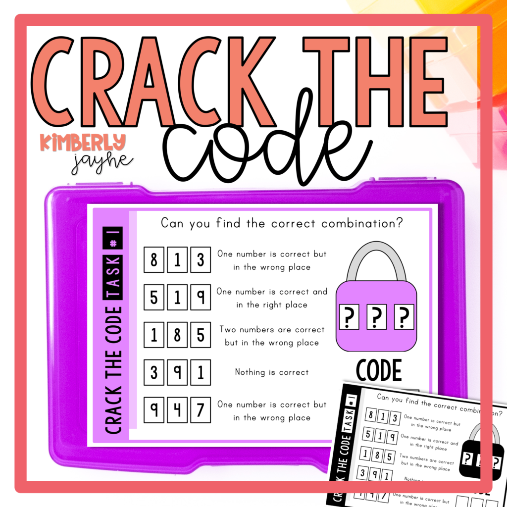 Inside a purple border, 3-number code combinations are seen next to a padlock. The words "Crack the Cod" are the title on top.